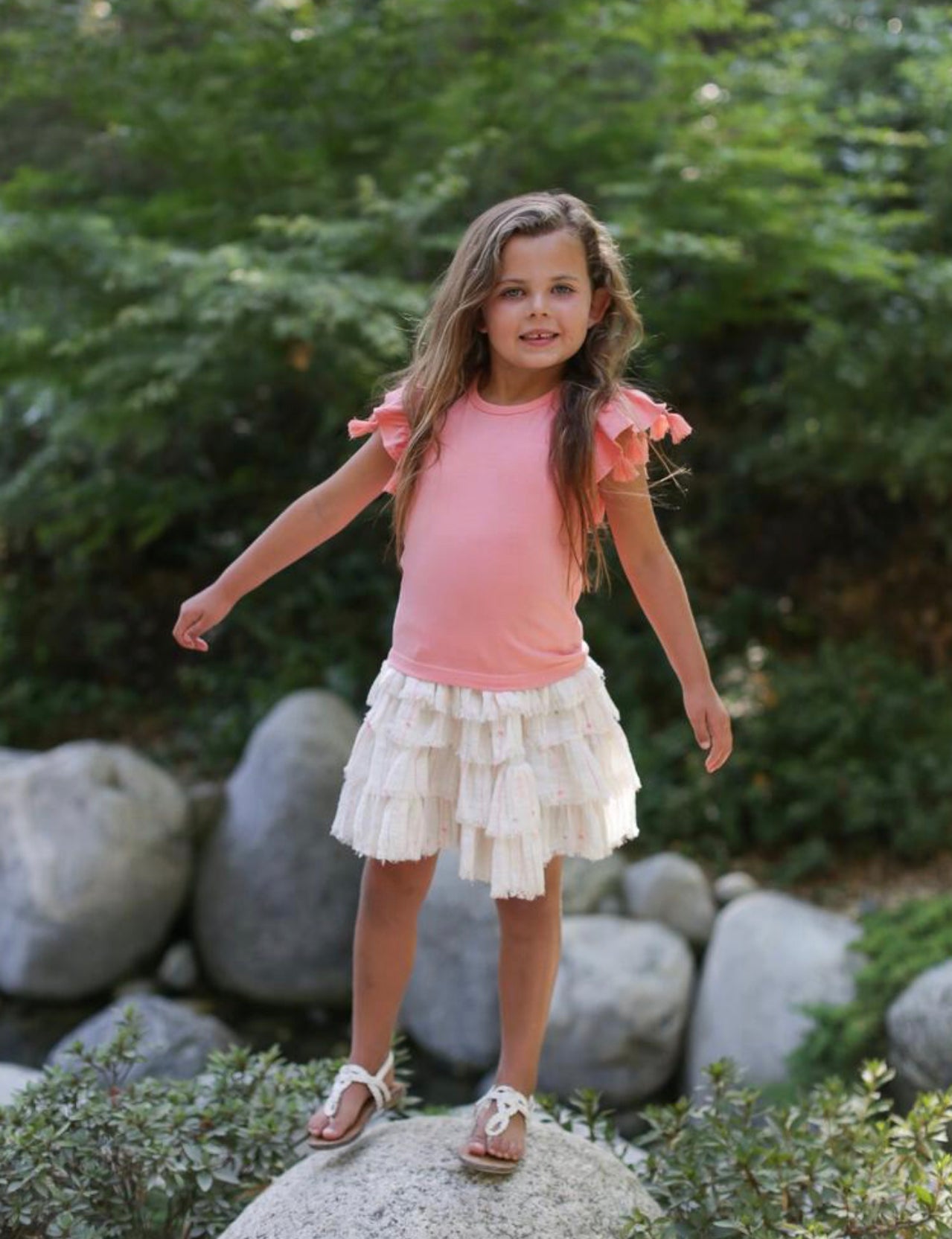 Sakura Ivory Stripe Woven Tiered Girls Skirt - Select Size
